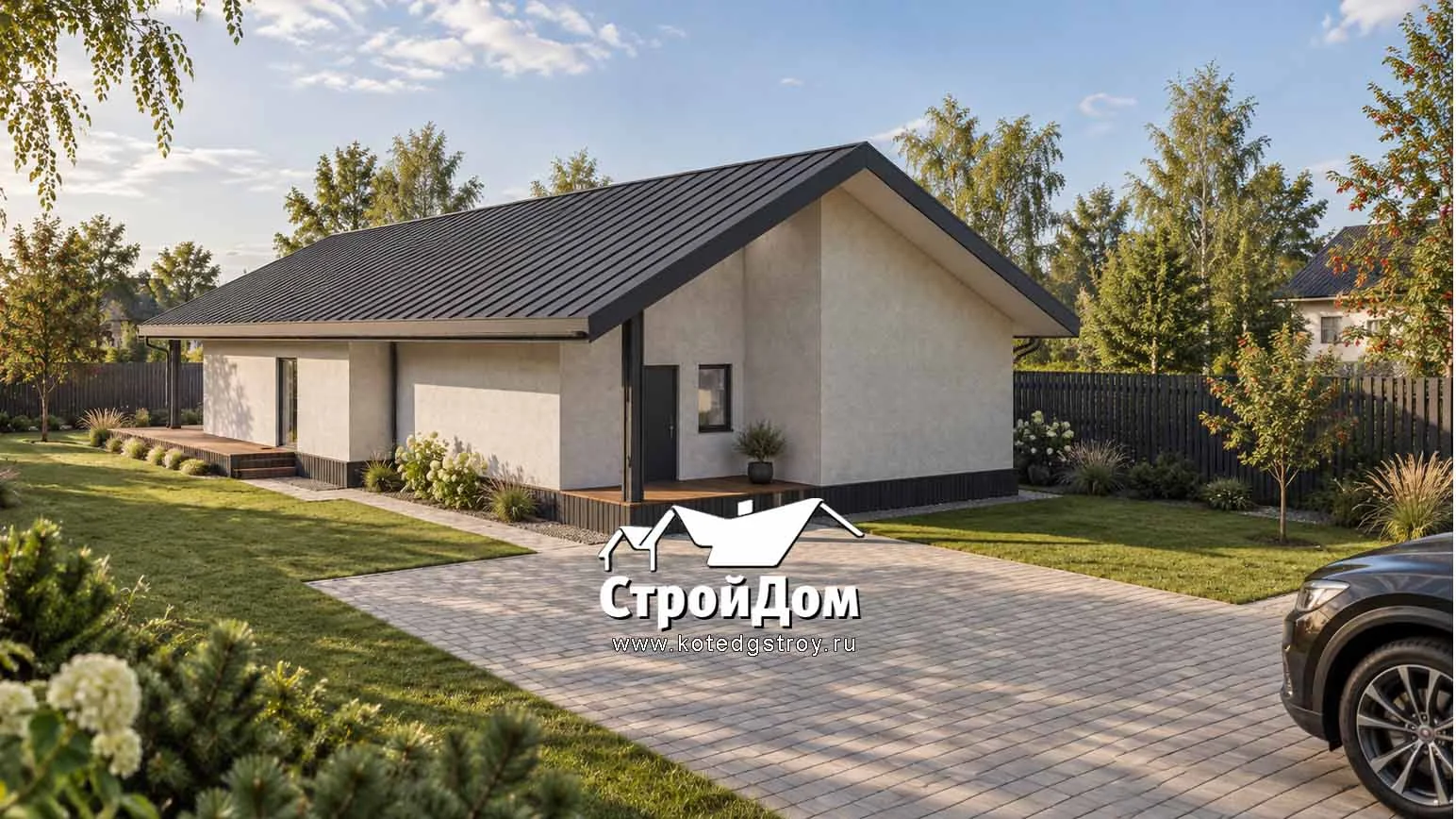 Одноэтажный дом 117,9 м²: светлый фасад и скатная кровля