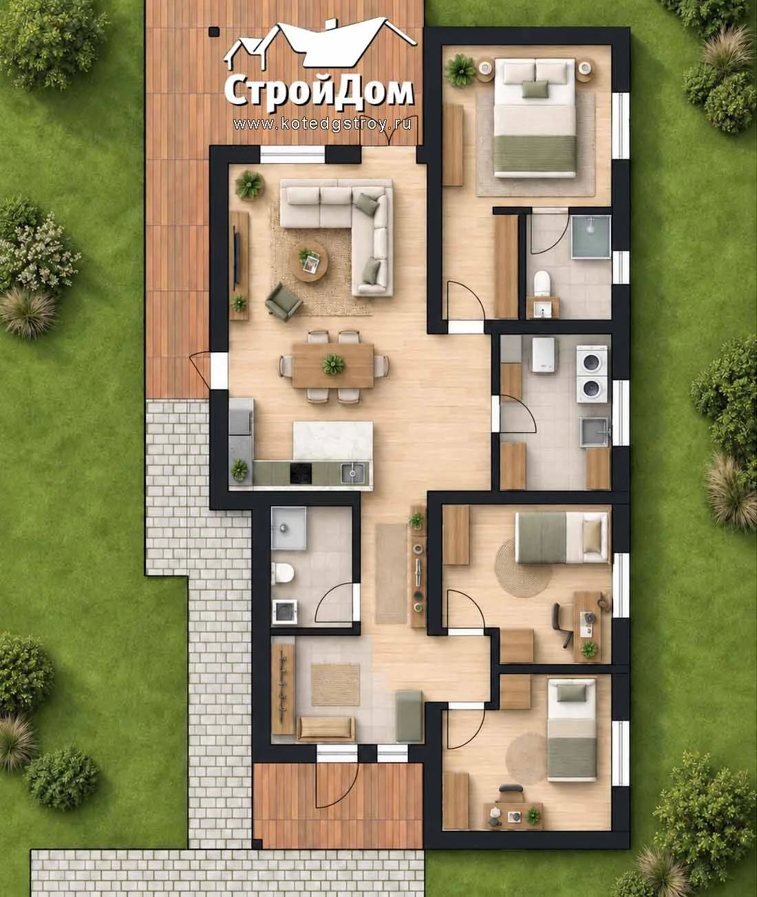 Планировка дома 117,9 м² с мебелью и выходом на террасу